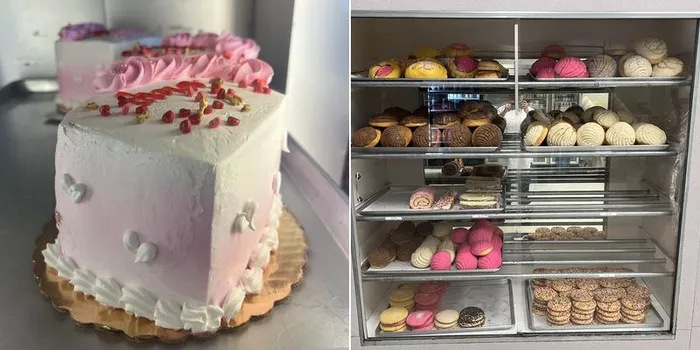 Decorated pink and white cakes in the La Mexicana Bakery display