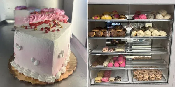 Decorated pink and white cakes in the La Mexicana Bakery display