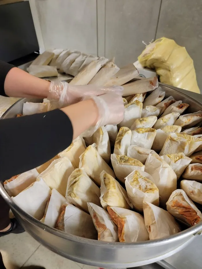 Tamales being prepared in the La Mexicana Bakery kitchen